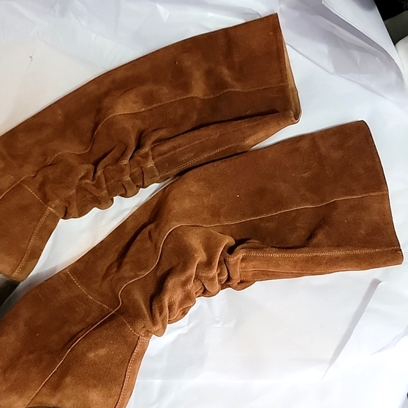 New Free People Elle Tall Slouch Boots Distressed Rust Suede Block Heel - Picture 8 of 8